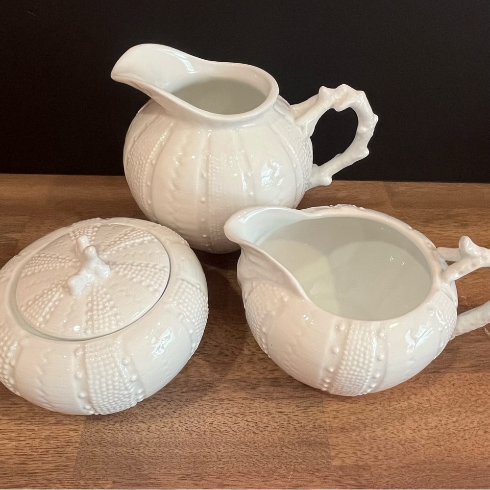 White Sea Urchin Creamer, Sugar Bowl with Lid and Small Pitcher by Paris…